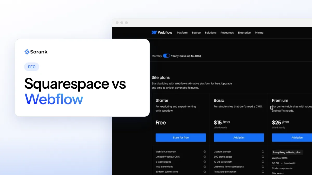 Cover of the Sorank comparison of Squarespace and Webflow for SEO and AI visibility