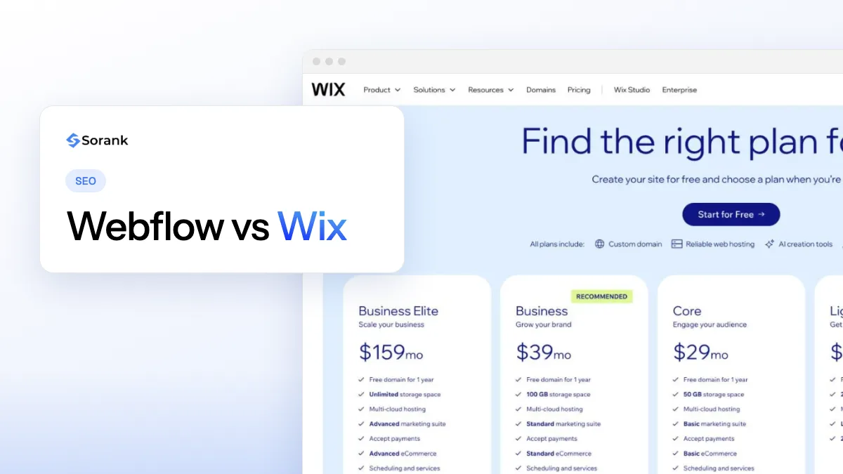 Cover of the Sorank guide comparing Webflow and Wix for SEO and AI visibility