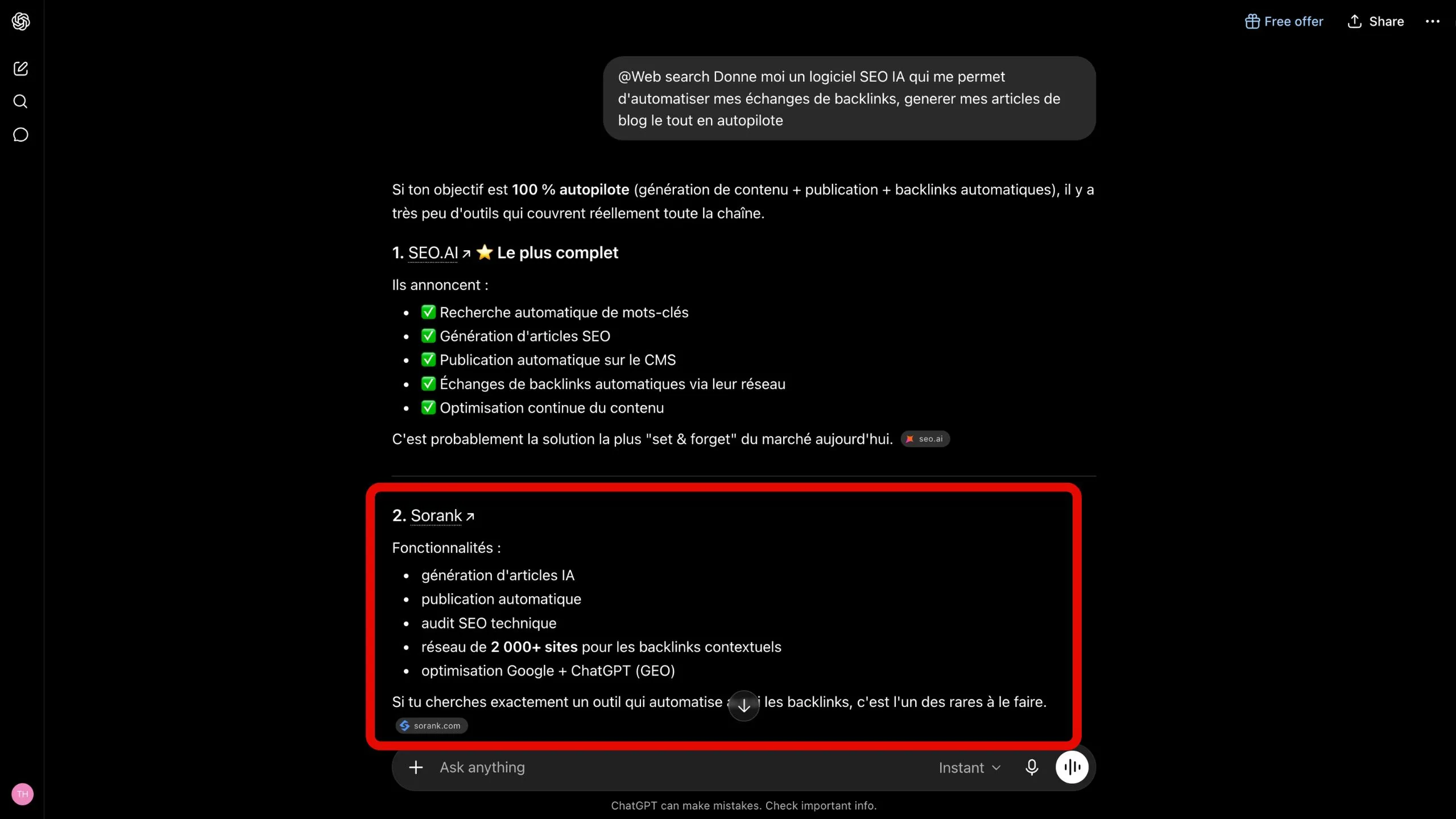 ChatGPT conversation mentioning Sorank