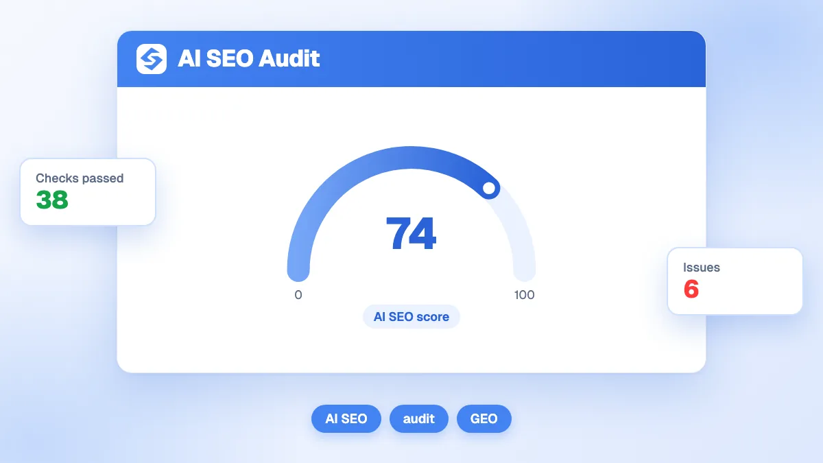Tableau de bord de l'outil Audit SEO IA affichant le score de préparation GEO et les actions prioritaires