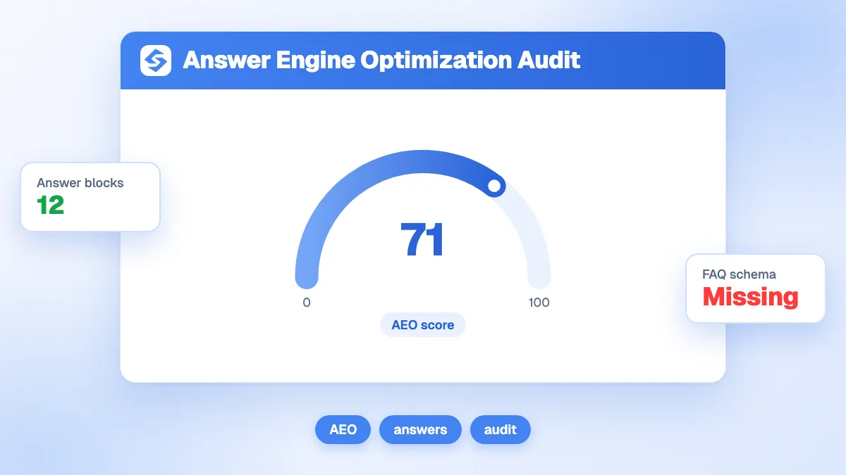 Interface de l'outil d'audit AEO affichant le score et la liste d'actions