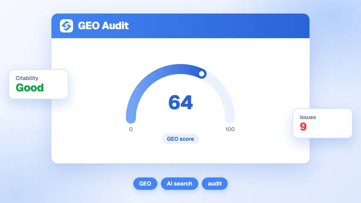 Interface de l'outil audit GEO affichant le score, les facteurs clés et les actions recommandées