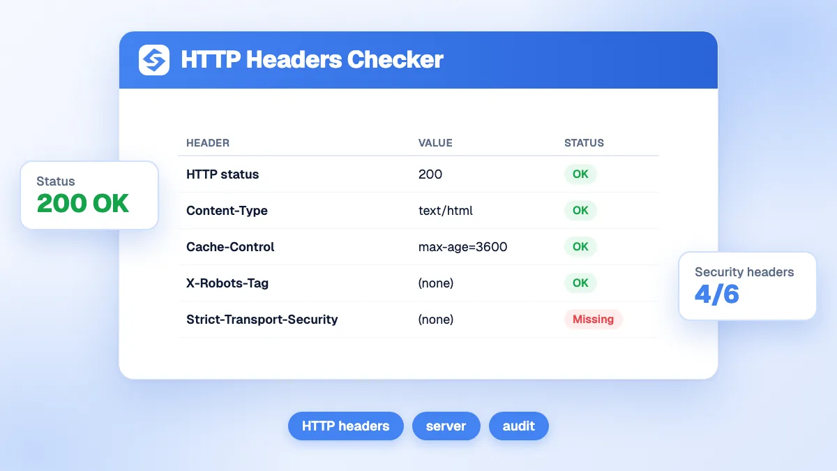 Vérificateur d'en-têtes HTTP affichant les en-têtes de réponse d'une URL, avec les directives de sécurité, de cache et d'indexation regroupées par catégorie