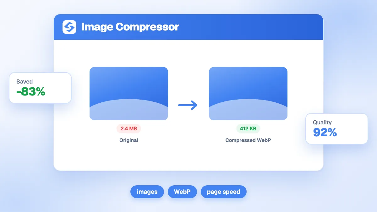 Compresseur d'images affichant la réduction de taille, le curseur de qualité et le téléchargement groupé pour JPEG PNG WebP