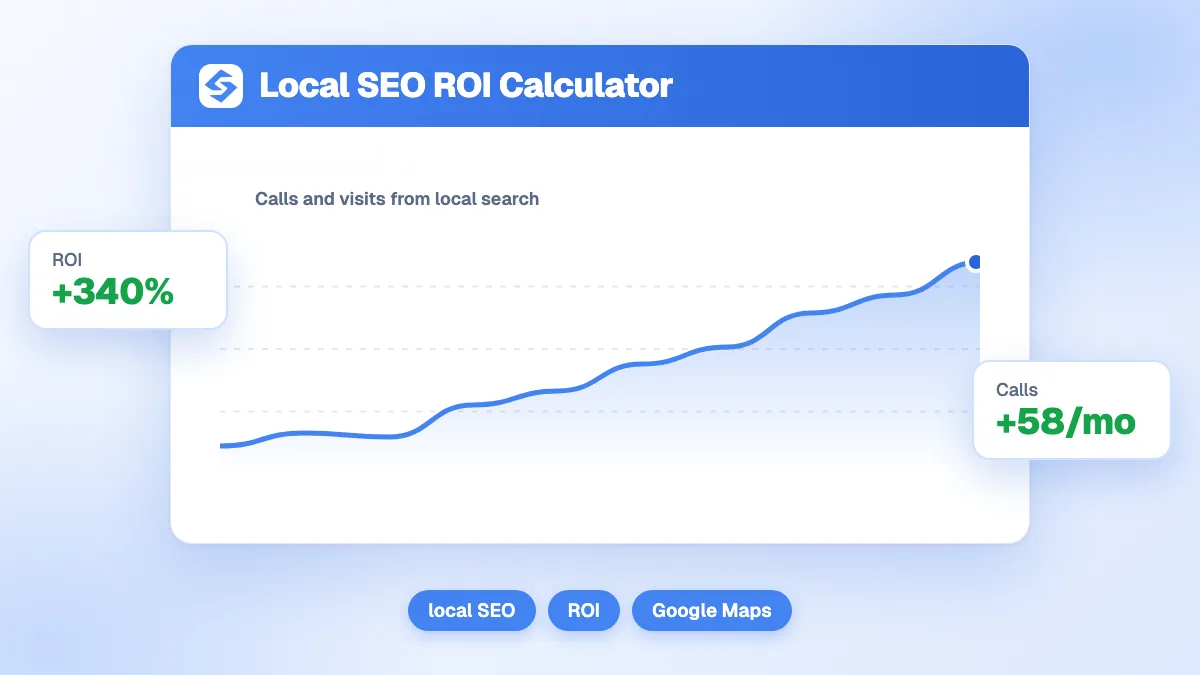 Calculateur ROI SEO local avec champs recherches locales, taux de clic, taux de closing, valeur chantier et ROI mensuel