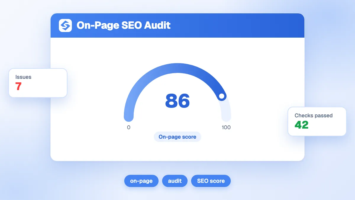 Outil d'audit SEO on-page affichant le score, la vérification de la balise title, la structure des titres et l'analyse des Core Web Vitals