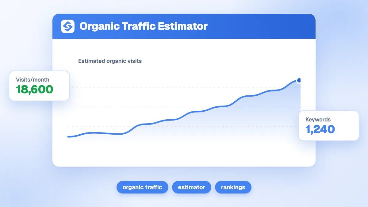 Capture de l'estimateur de trafic organique avec les champs volume de recherche mensuel et position Google, et les résultats clics mensuels et annuels estimés.
