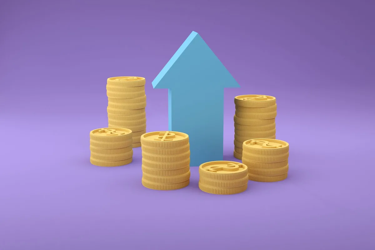 Stacks of coins around a blue arrow pointing upward