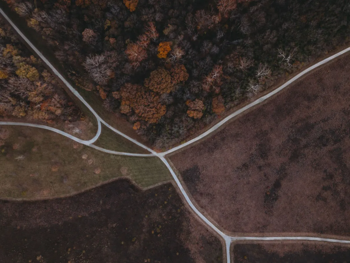 Drone view of roads crossing brown fields and autumn trees