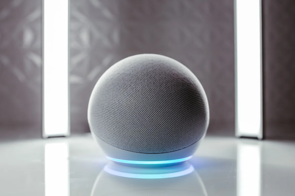 Round smart speaker glowing blue on a white table