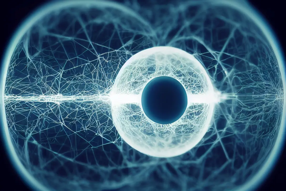 Glowing sphere at the center of fine luminous threads, a visual for a neural network