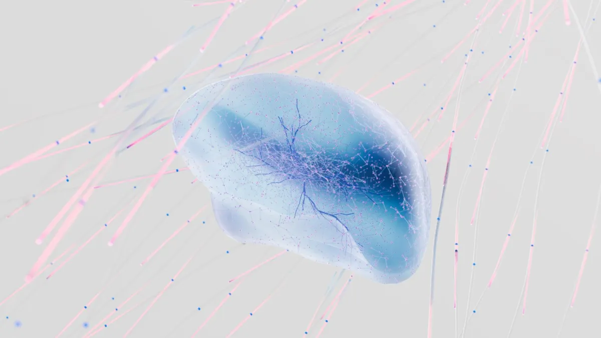 Abstract translucent blue shape crossed by thin pink lines
