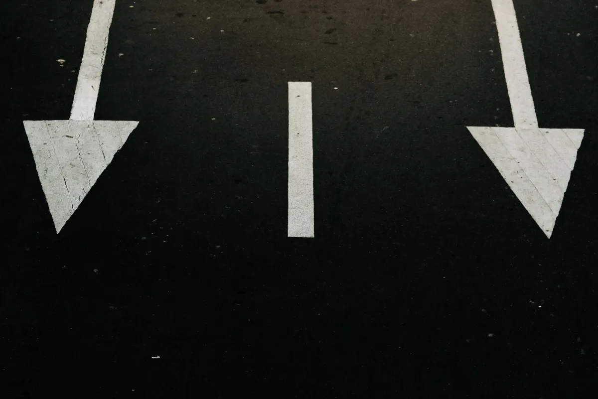 White arrows painted on dark asphalt pointing in two directions