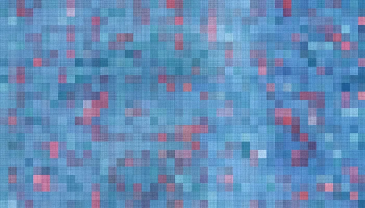Close-up pola biru dan merah muda yang terdiri dari kotak-kotak kecil, seperti piksel yang diperbesar