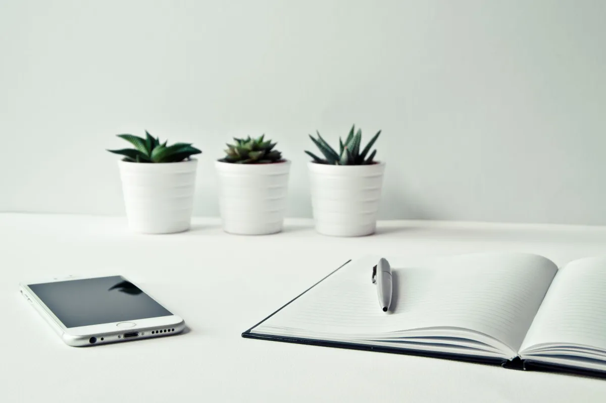 Open notebook, pen, smartphone and three small plants on a white desk