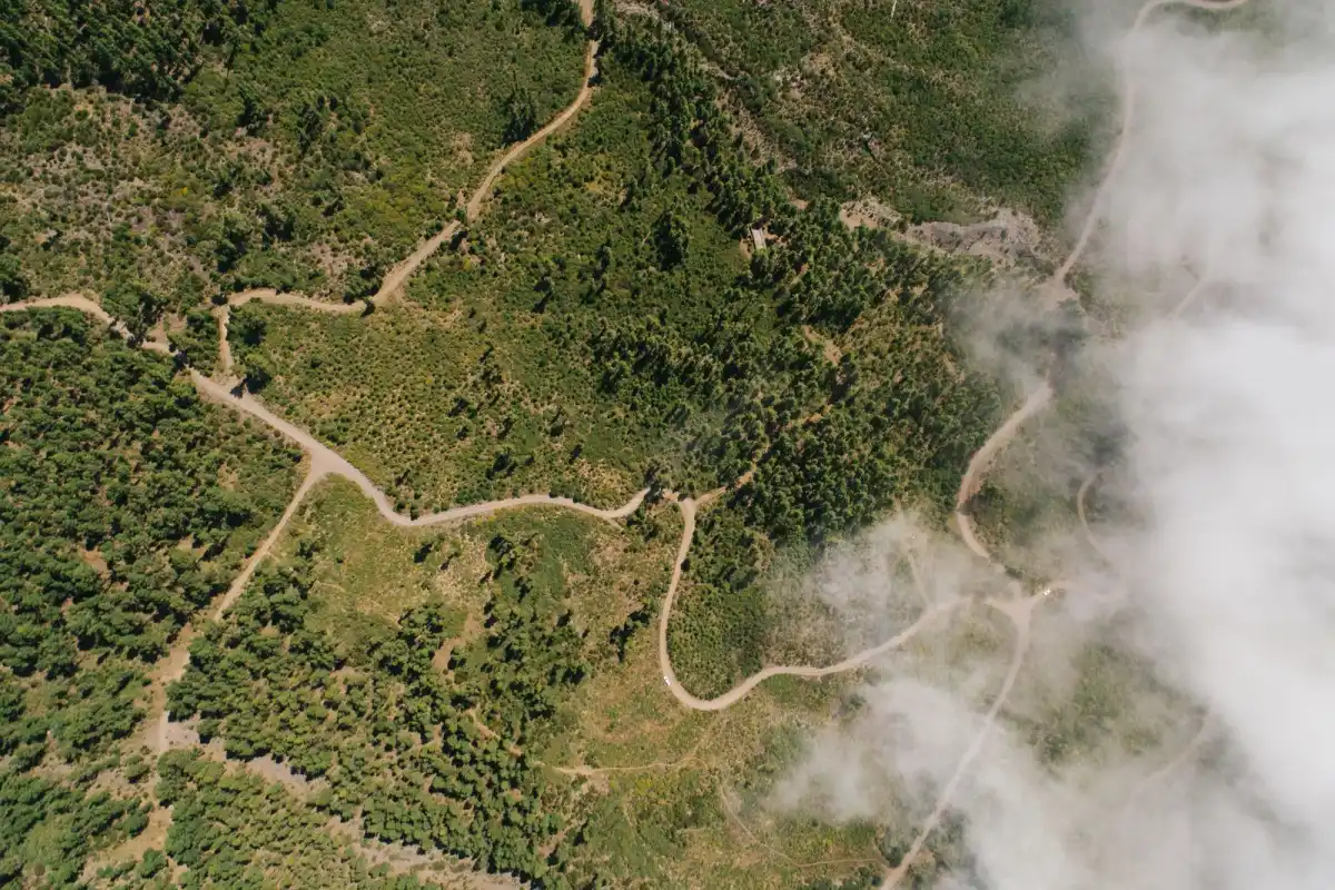 Dronebeeld van paden die een beboste heuvel doorkruisen naast lage wolken