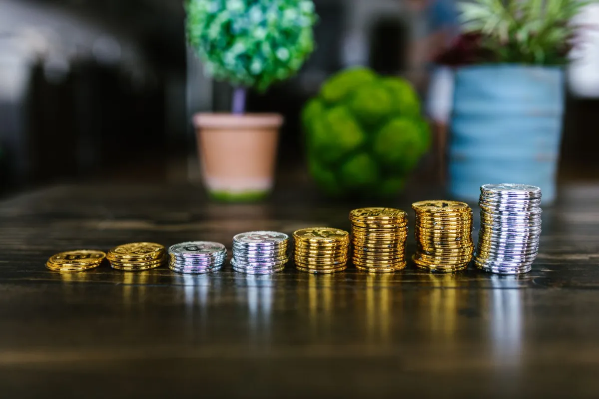 Coin stacks of increasing height on a table with small plants behind