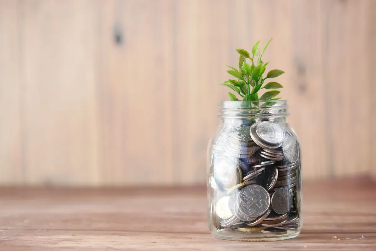 Glass jar filled with coins next to a small green plant