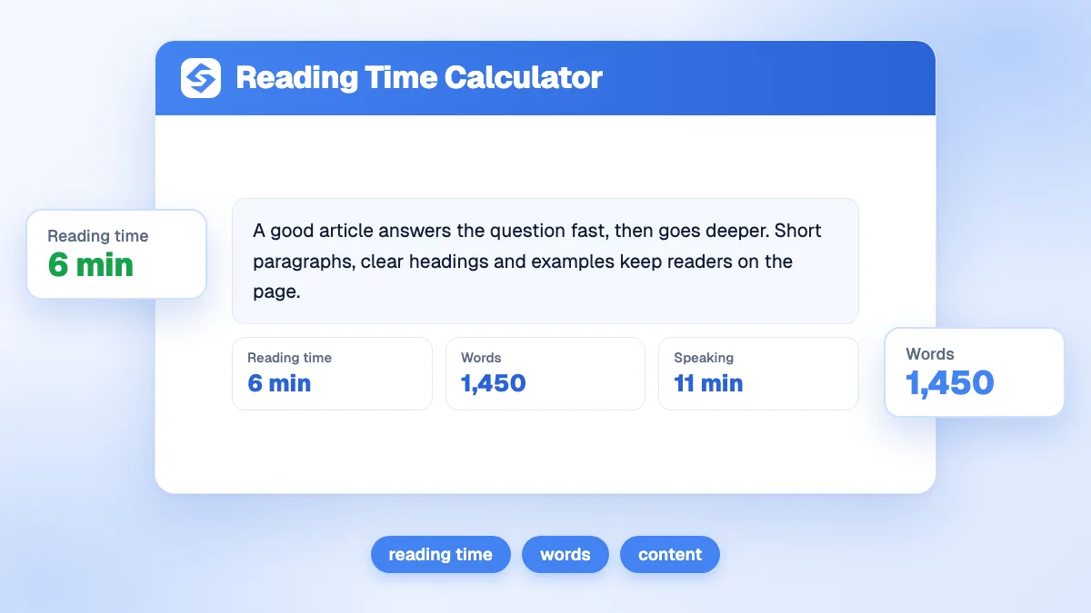 Calculateur temps de lecture avec champ nombre de mots, vitesse de lecture et résultat en minutes