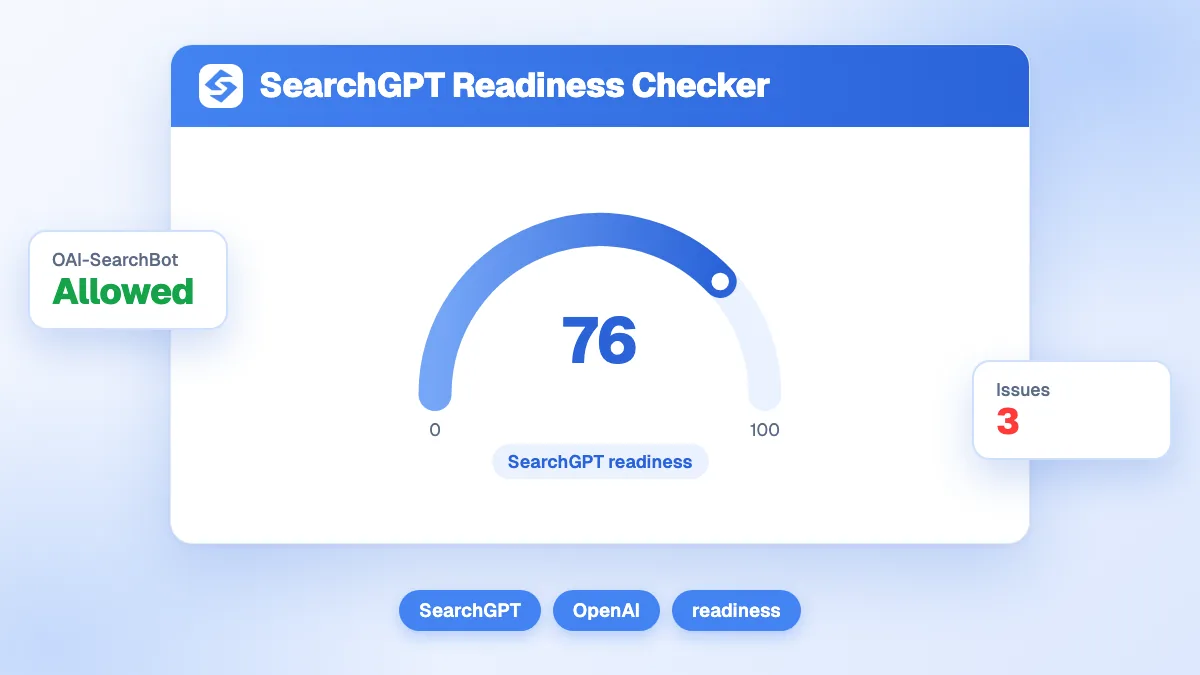 Interface du vérificateur de préparation SearchGPT affichant un score et une liste d'actions prioritaires