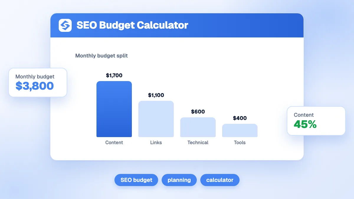 Capture d'écran du calculateur budget SEO avec les champs contenu, netlinking, outils et équipe, et le total mensuel en sortie