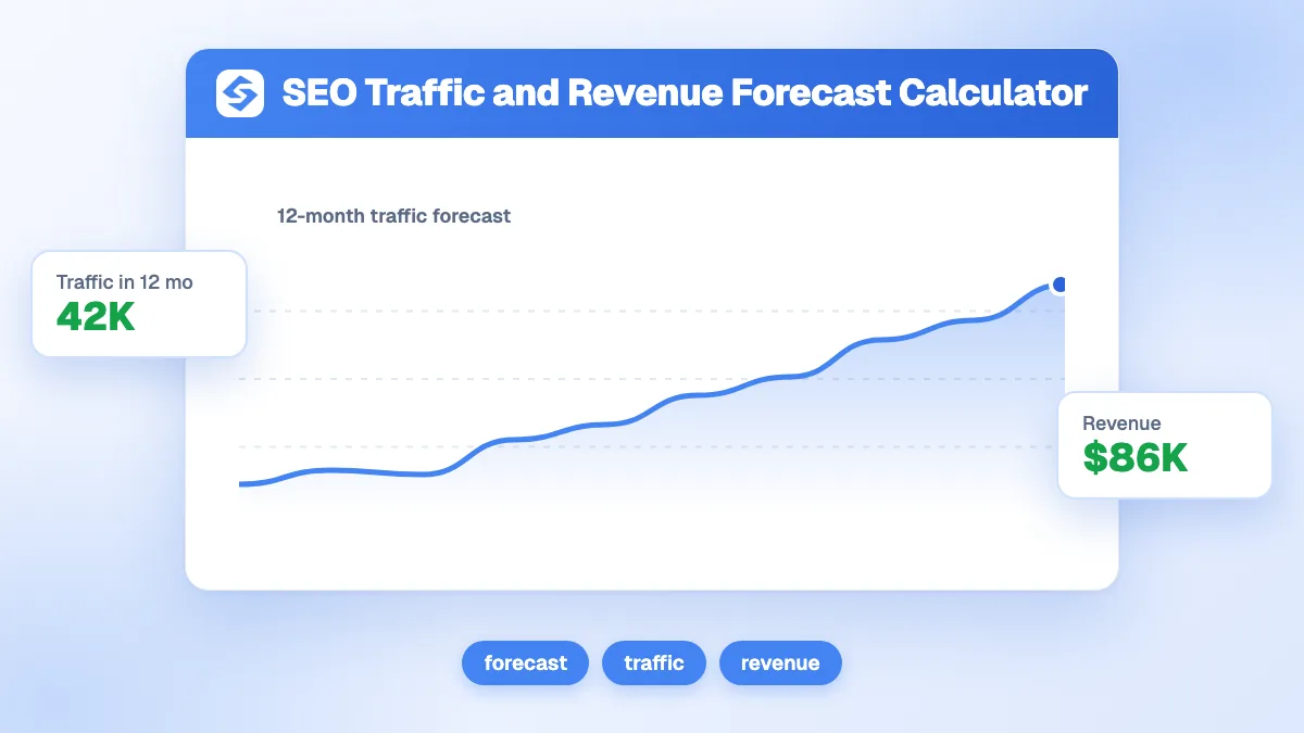 Calculateur de prévision SEO avec champs visites mensuelles actuelles, taux de croissance mensuel, horizon de prévision, taux de conversion et revenus cumulés