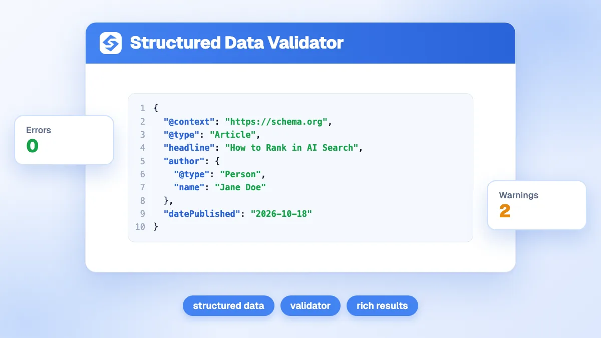 Validateur de données structurées affichant les entités JSON-LD d'une page, leurs erreurs et avertissements, et les résultats enrichis Google possibles