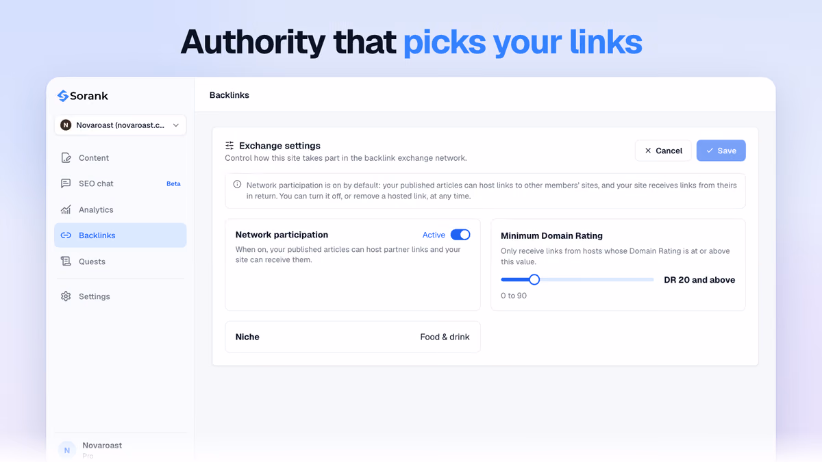 Sorank Backlink Network settings: minimum Domain Rating slider, network participation and niche