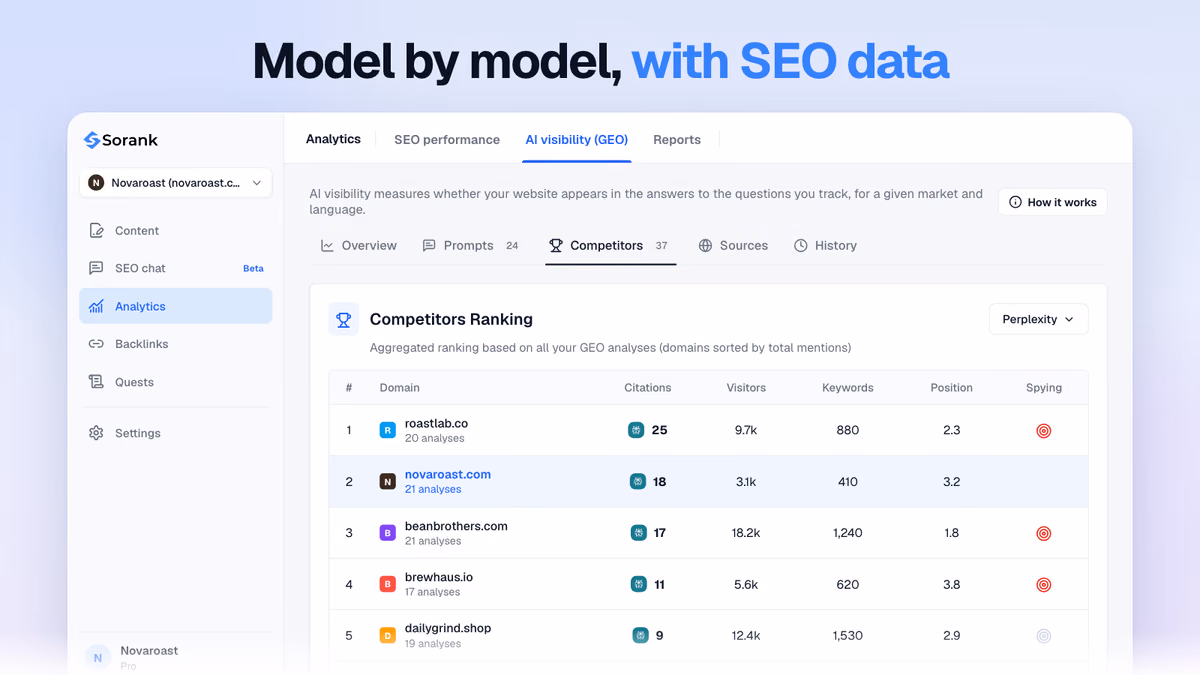 Sorank competitor ranking filtered on Perplexity, with each domain’s citations, visitors, keywords and Google position