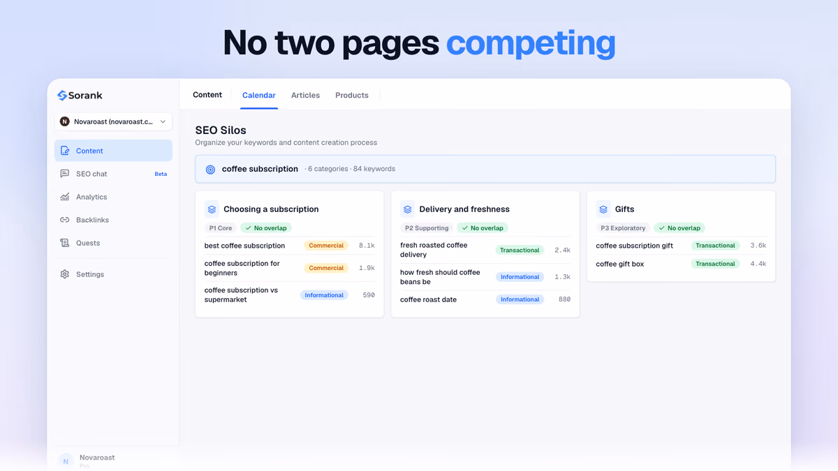 Sorank SEO silos around one pillar topic, each with a priority label and an overlap check