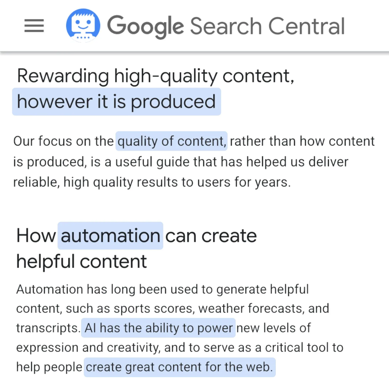 Google Search Central text about rewarding quality content however produced and AI's role in creating helpful web content.