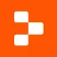 White abstract cross shape composed of four rounded rectangles on an orange background.