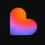 Gradient heart shape with orange, pink, and purple colors on a black background.