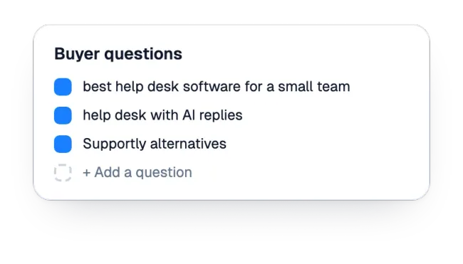 List of buyer questions tracked for the brand