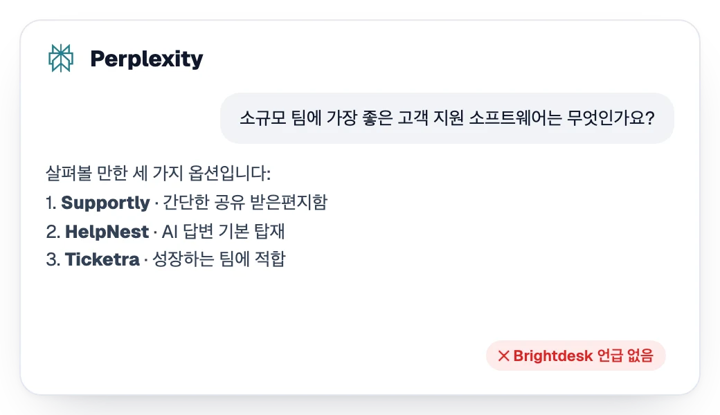 브랜드 없이 경쟁사 세 곳을 추천하는 Perplexity의 답변