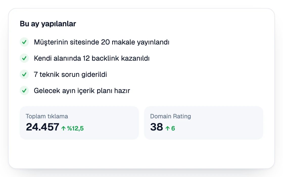 Bu ay teslim edilen işi listeleyen rapor bölümü: yayımlanan makaleler, kazanılan backlinkler ve düzeltilen teknik sorunlar, tıklamalar ve alan adı puanıyla birlikte