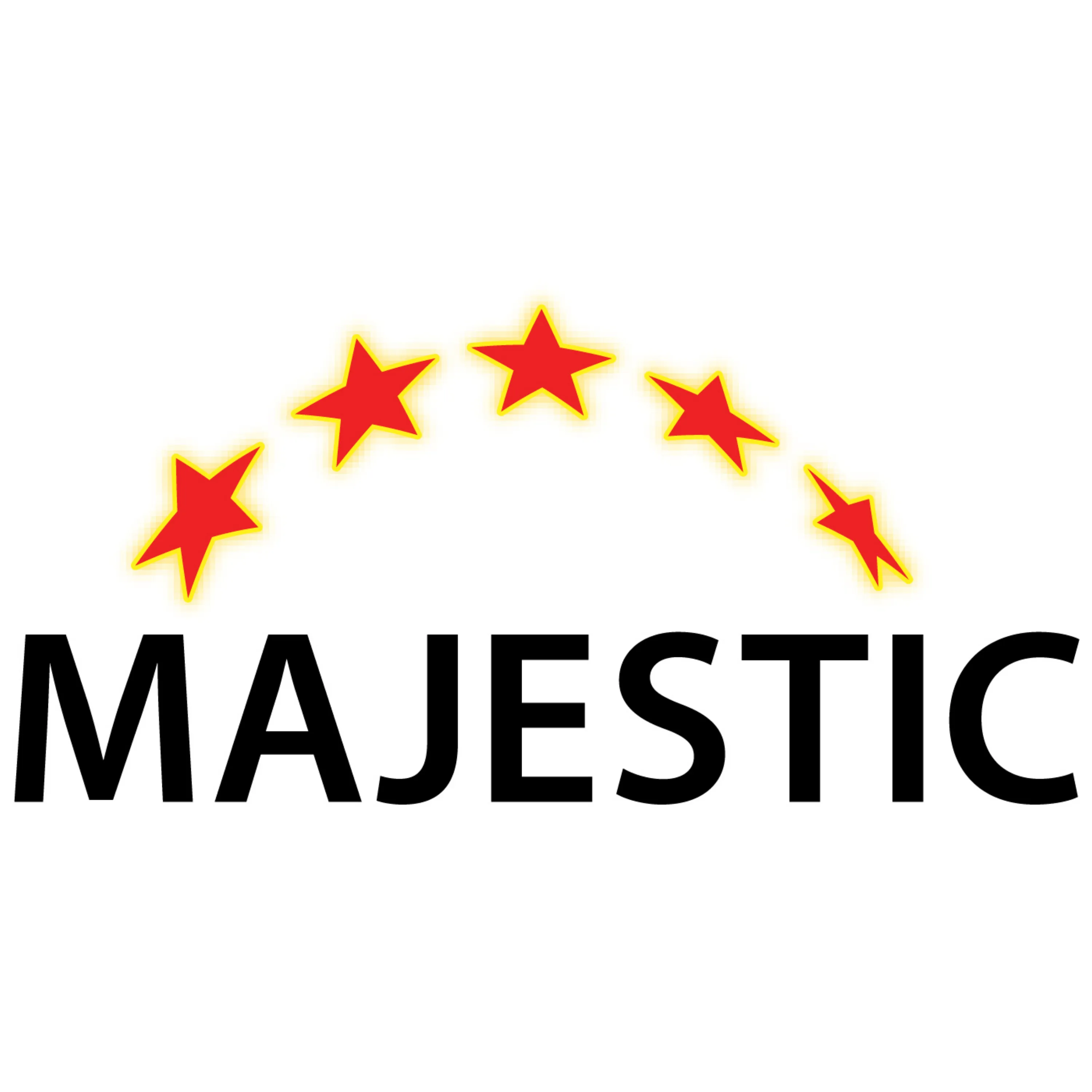 MAJESTIC logo in black capital letters under a curved arc of five red stars outlined in yellow.