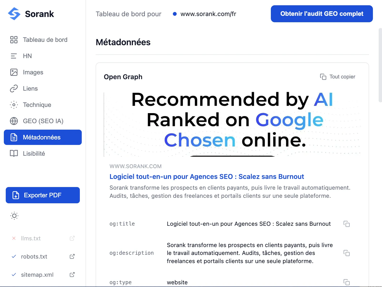 Open Graphの推奨表示「AIが推薦、Googleで上位表示、オンラインで選ばれる」と、エージェンシー向けSEOソフトウェアの説明を表示するSorankのメタデータダッシュボード