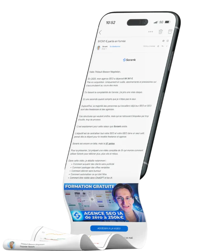 SEOエージェンシーの経費と、AIを活用したSEOエージェンシーの成長に関する無料トレーニング動画についてのSorankからのメールを表示したスマートフォン