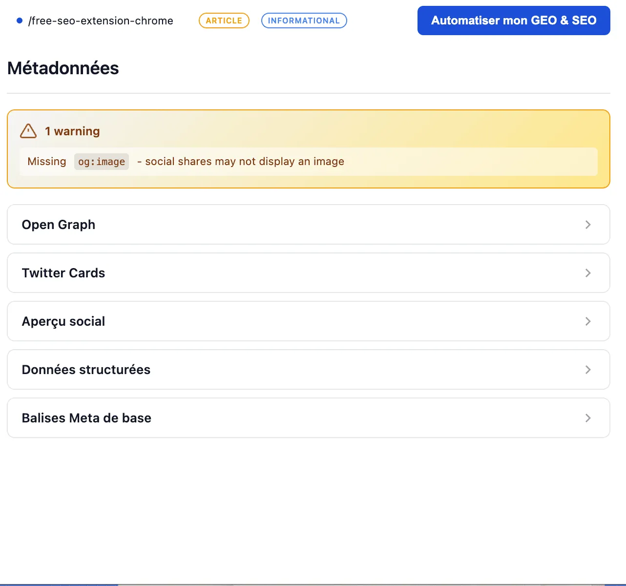 Screenshot of a French SEO tool interface showing metadata warnings for missing og:image tag and sections for Open Graph, Twitter Cards, social preview, structured data, and basic meta tags.