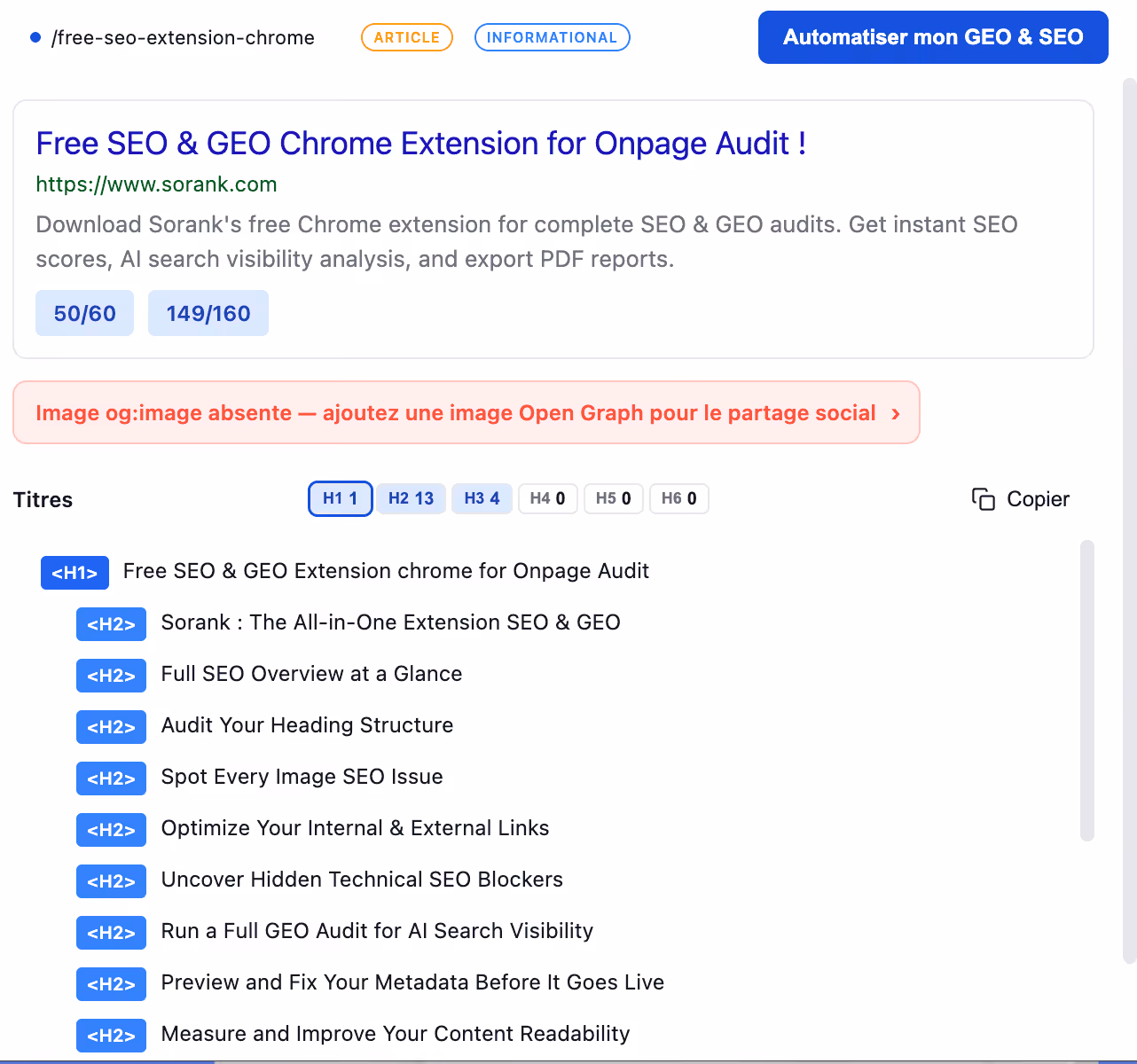 SEO audit webpage showing Sorank's free SEO & GEO Chrome extension with headings, SEO scores, and a button in French to automate GEO & SEO.