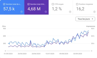 SEO Results on a Google Search console showing clicks and impressions from May to September 2025, with clicks in blue rising to nearly 900 and impressions in purple reaching over 60k.