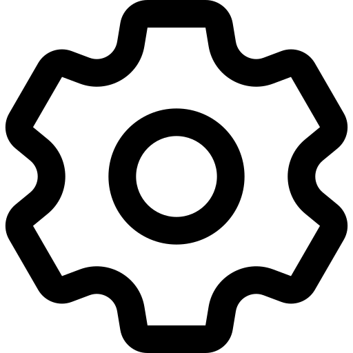 Circular black icon of a cogwheel representing settings.