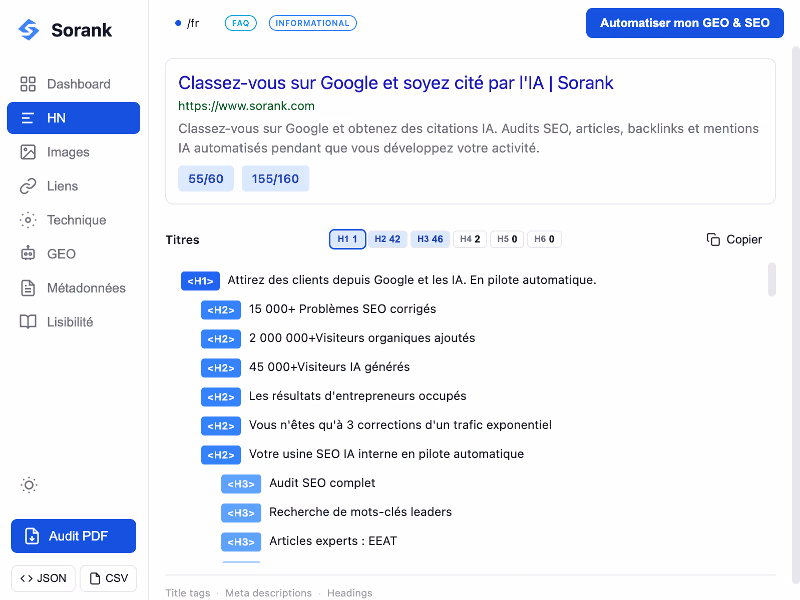 Sorank website technical audit dashboard showing status of robots.txt and sitemap as Yes, and llms.txt as No, CSS analysis with 9 stylesheets, JavaScript coverage with 26 total scripts, and a loading Core Web Vitals section.